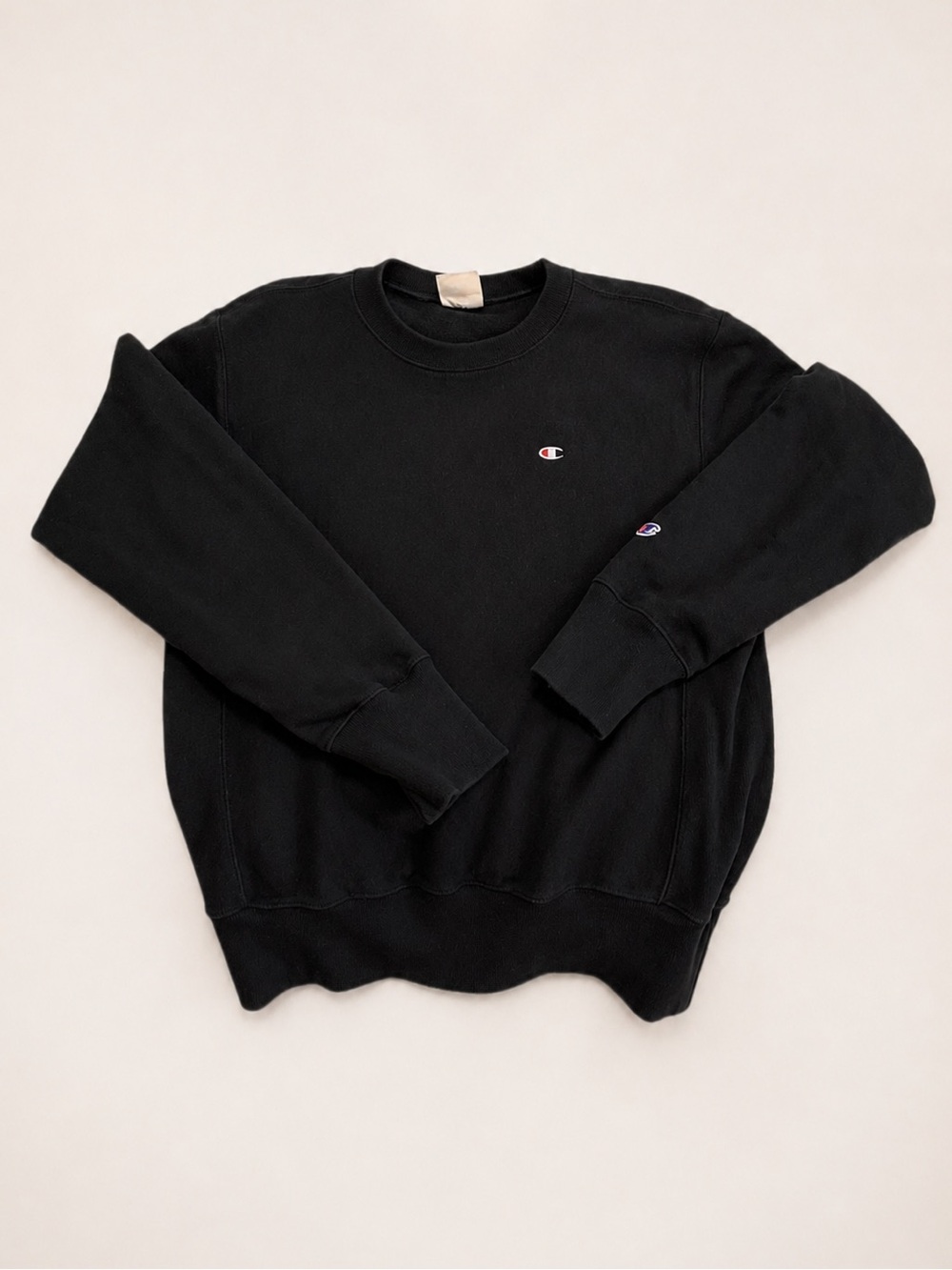 Champion Reverse Weave Warm Up Black Logo PullOver Crewneck Sweatshirt - Medium